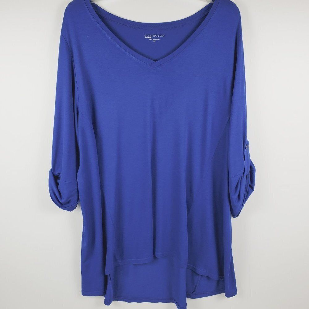 Covington Woman Cobalt Blue High-Low V-Neck 3/4 Button Strap Sleeves Sz 2X